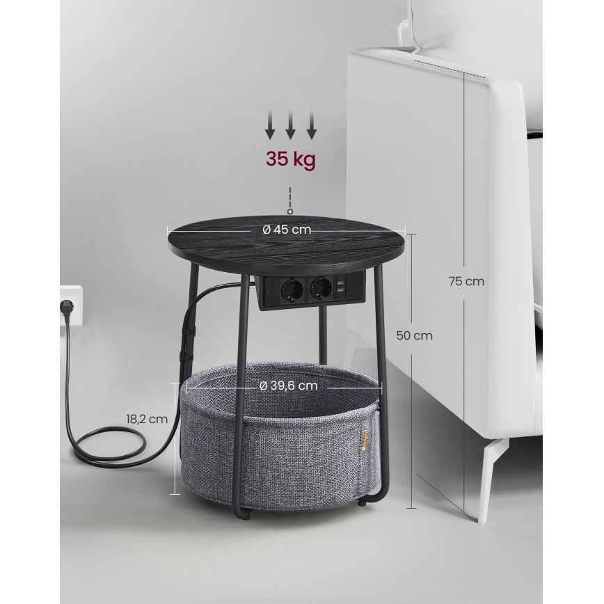 Bijzettafel met geïntegreerde stopcontacten en USB-poorten NOIRA 45 cm grijs/zwart