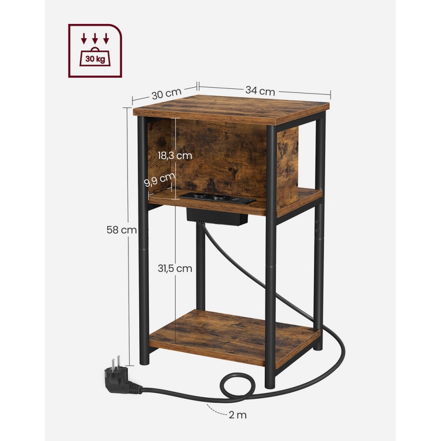 Bijzettafel met geïntegreerde stopcontacten en USB-poorten ROD bruin/zwart