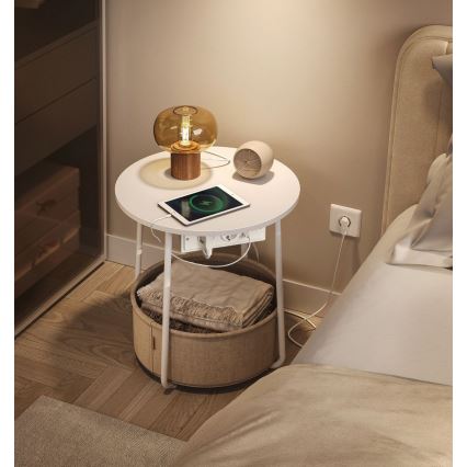 Bijzettafel NOIRA met ingebouwde lades en USB-poorten, 45 cm, beige/wit