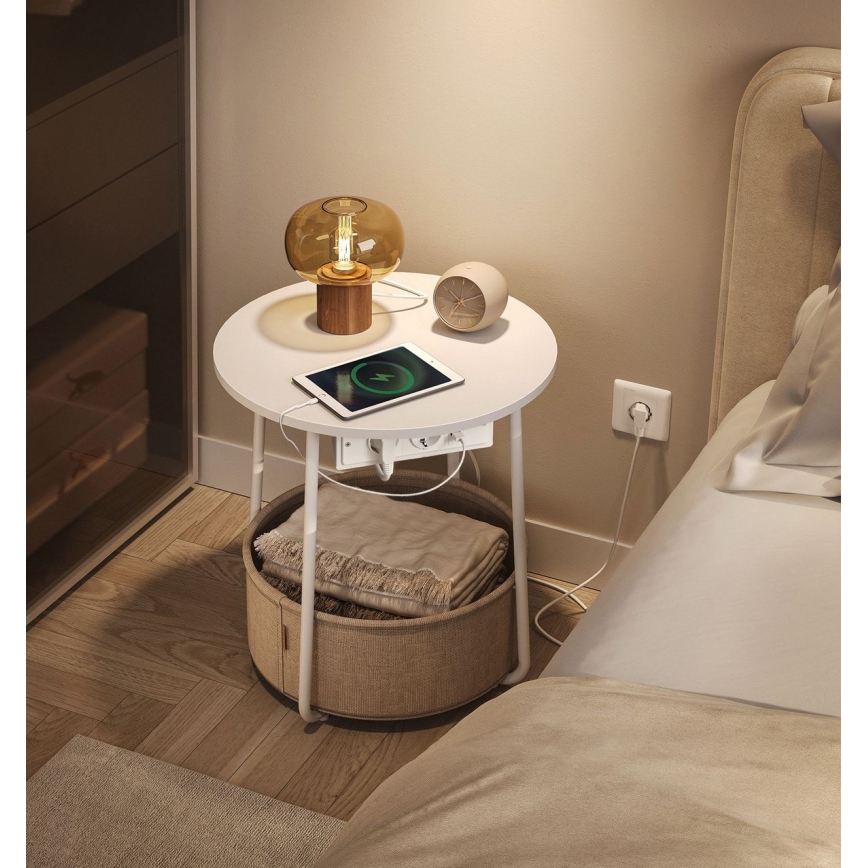 Bijzettafel NOIRA met ingebouwde lades en USB-poorten, 45 cm, beige/wit