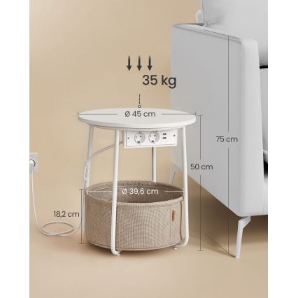 Bijzettafel NOIRA met ingebouwde lades en USB-poorten, 45 cm, beige/wit