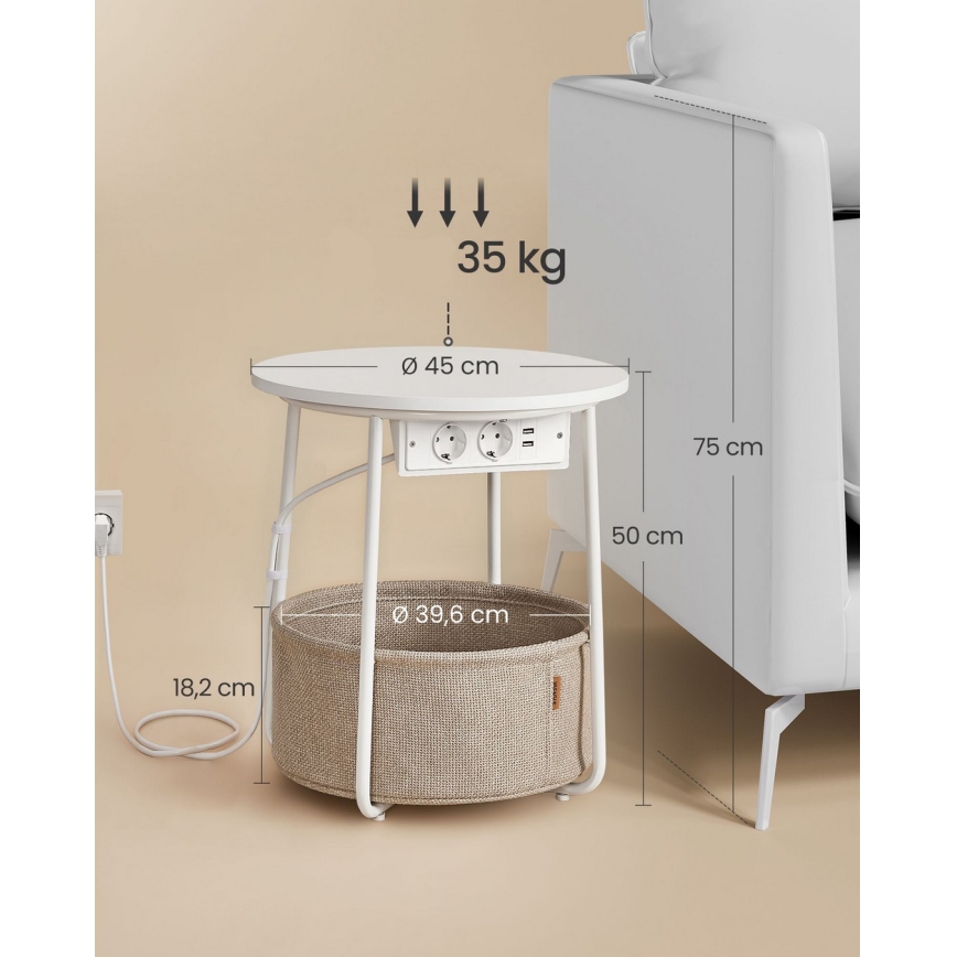Bijzettafel NOIRA met ingebouwde lades en USB-poorten, 45 cm, beige/wit