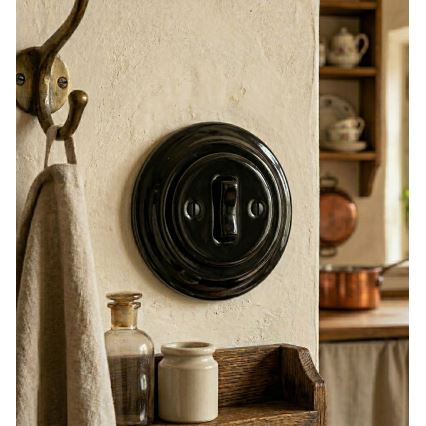 Bohemia-Design - Porseleinen retro 1-voudige belschakelaar met afdekraam, zwart