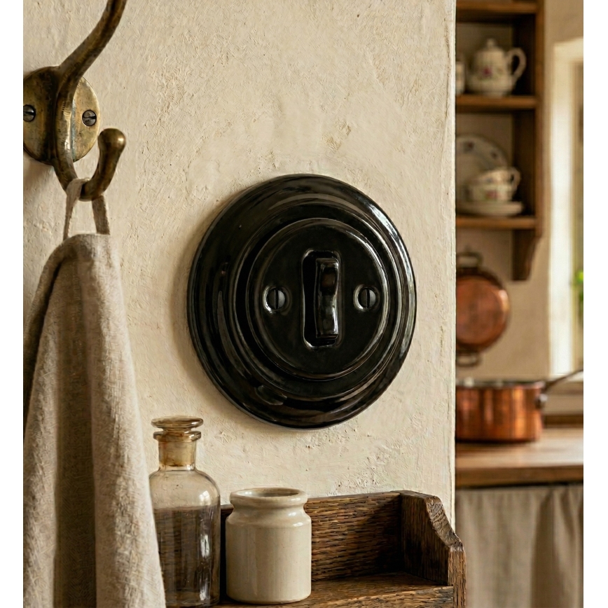 Bohemia-Design - Porseleinen retro 1-voudige belschakelaar met afdekraam, zwart