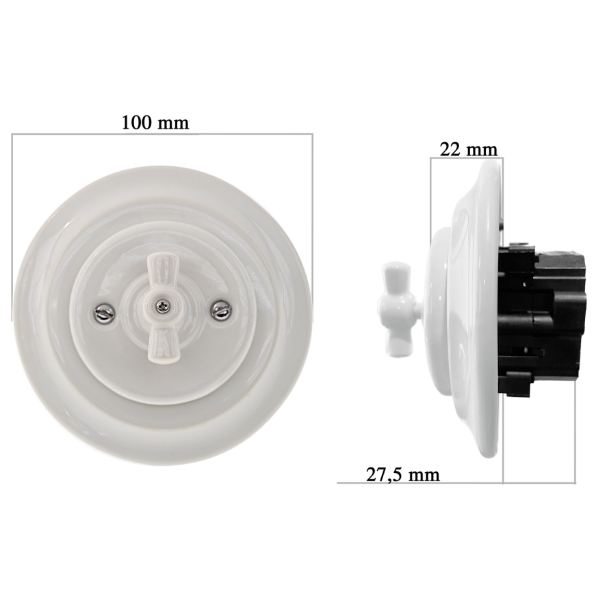 Bohemia-Design - Porseleinen retro-dimmer met draaiknop en afdekraam 250V/10A wit
