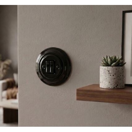 Bohemia-Design - Porseleinen retro dubbele schakelaar met frame nr. 5, zwart