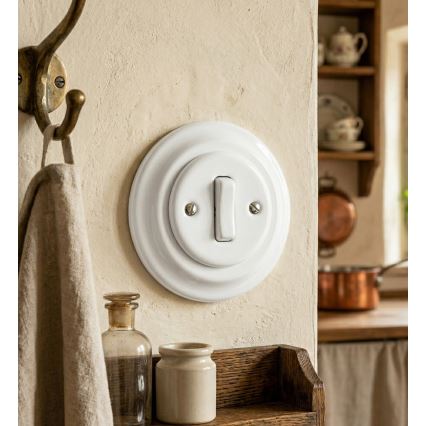 Bohemia-Design - Porseleinen retro enkele deurbelschakelaar met lijst, wit