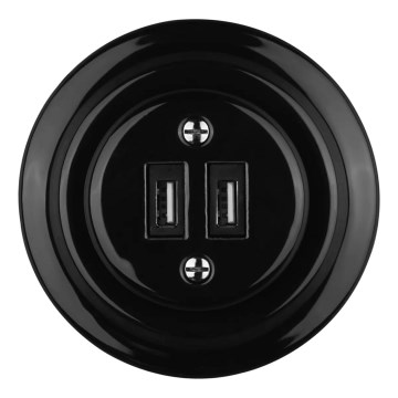 Bohemia-Design - Porseleinen retro USB-wandcontactdoos met afdekraam, 2x USB-A, zwart