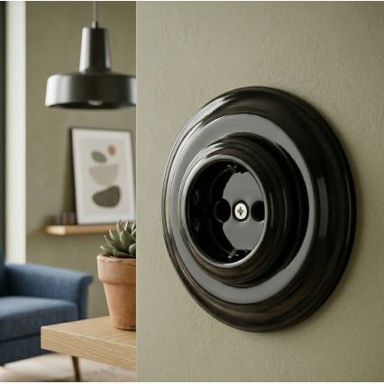 Bohemia-Design - Porseleinen retro wandcontactdoos met afdekraam SCHUKO 250V/16A zwart