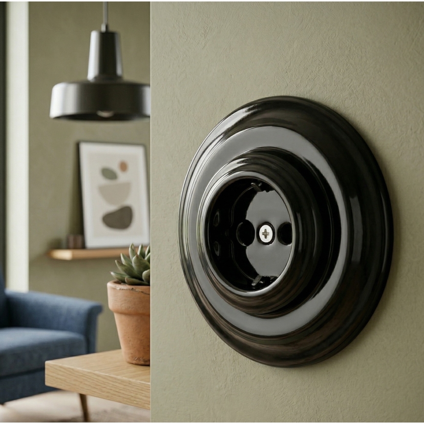 Bohemia-Design - Porseleinen retro wandcontactdoos met afdekraam SCHUKO 250V/16A zwart