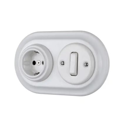 Bohemia-Design - Porseleinen retro-wandcontactdoos voor huishoudelijk gebruik zonder afdekraam 250V/16A wit