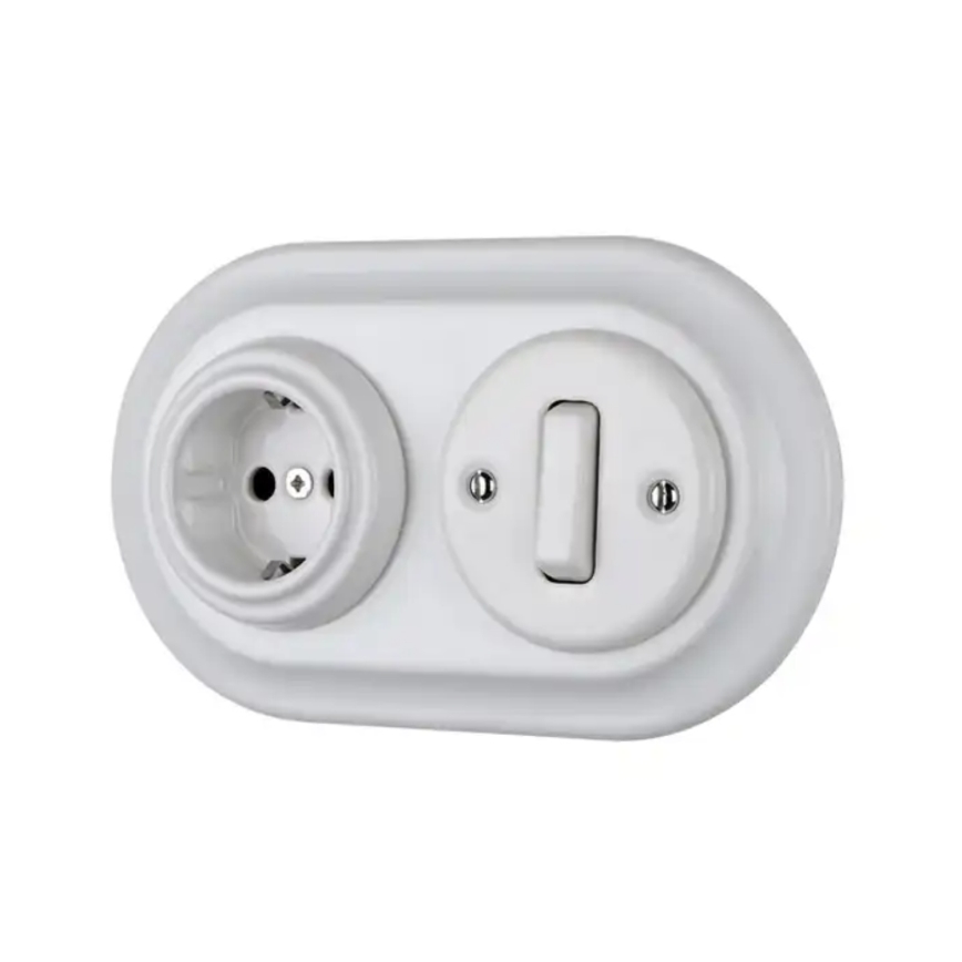 Bohemia-Design - Porseleinen retro-wandcontactdoos voor huishoudelijk gebruik zonder afdekraam 250V/16A wit