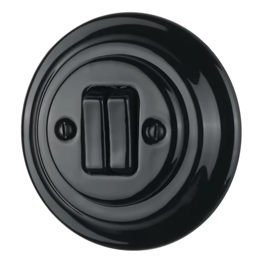 Bohemia-Design - Retro porseleinen dubbele schakelaar met afdekraam nr. 5, zwart