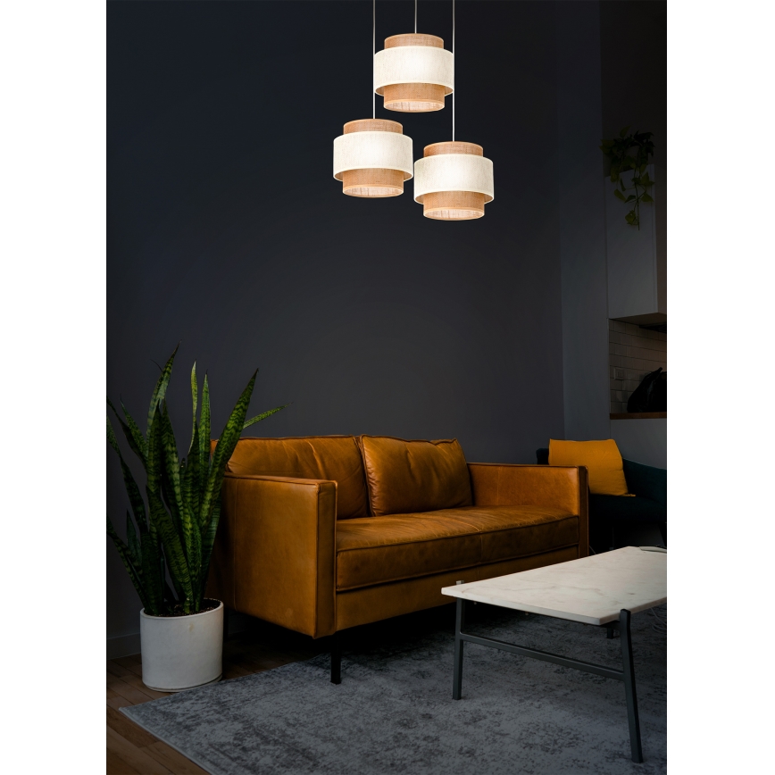 BOHO hanglamp met snoer 3xE27/60W/230V crème/jute