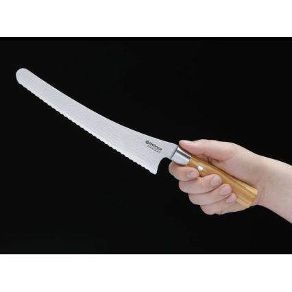 Böker - Damaststalen broodmes DAMAST OLIVE 23,5 cm olijfhout