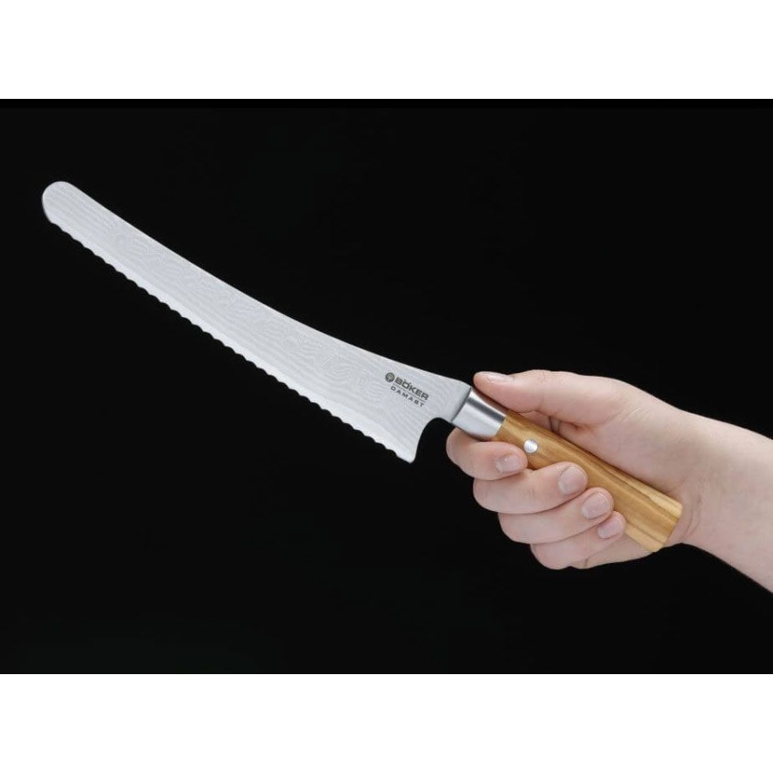 Böker - Damaststalen broodmes DAMAST OLIVE 23,5 cm olijfhout