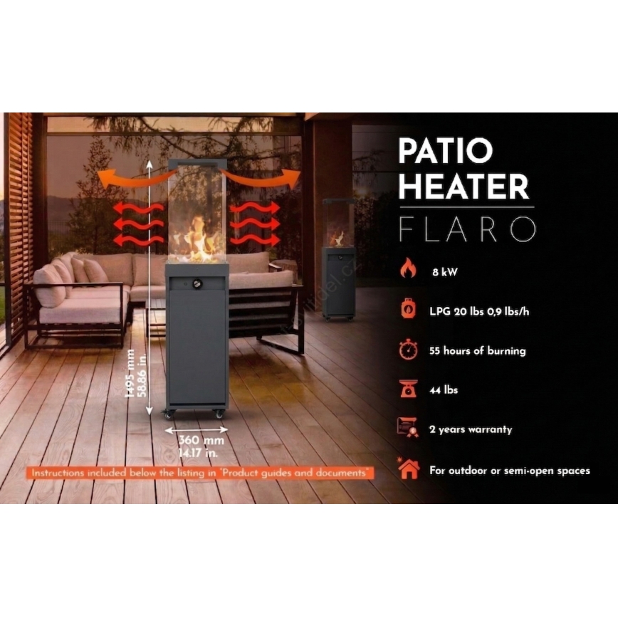 Brilagi - Buitengashaard FLARO GAS 142x36 cm 8kW 1xAAA antraciet + afdekhoes