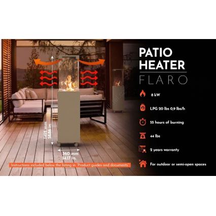 Brilagi - Buiten gashaard FLARO GAS 142x36 cm 8kW 1xAAA grijs + beschermhoes