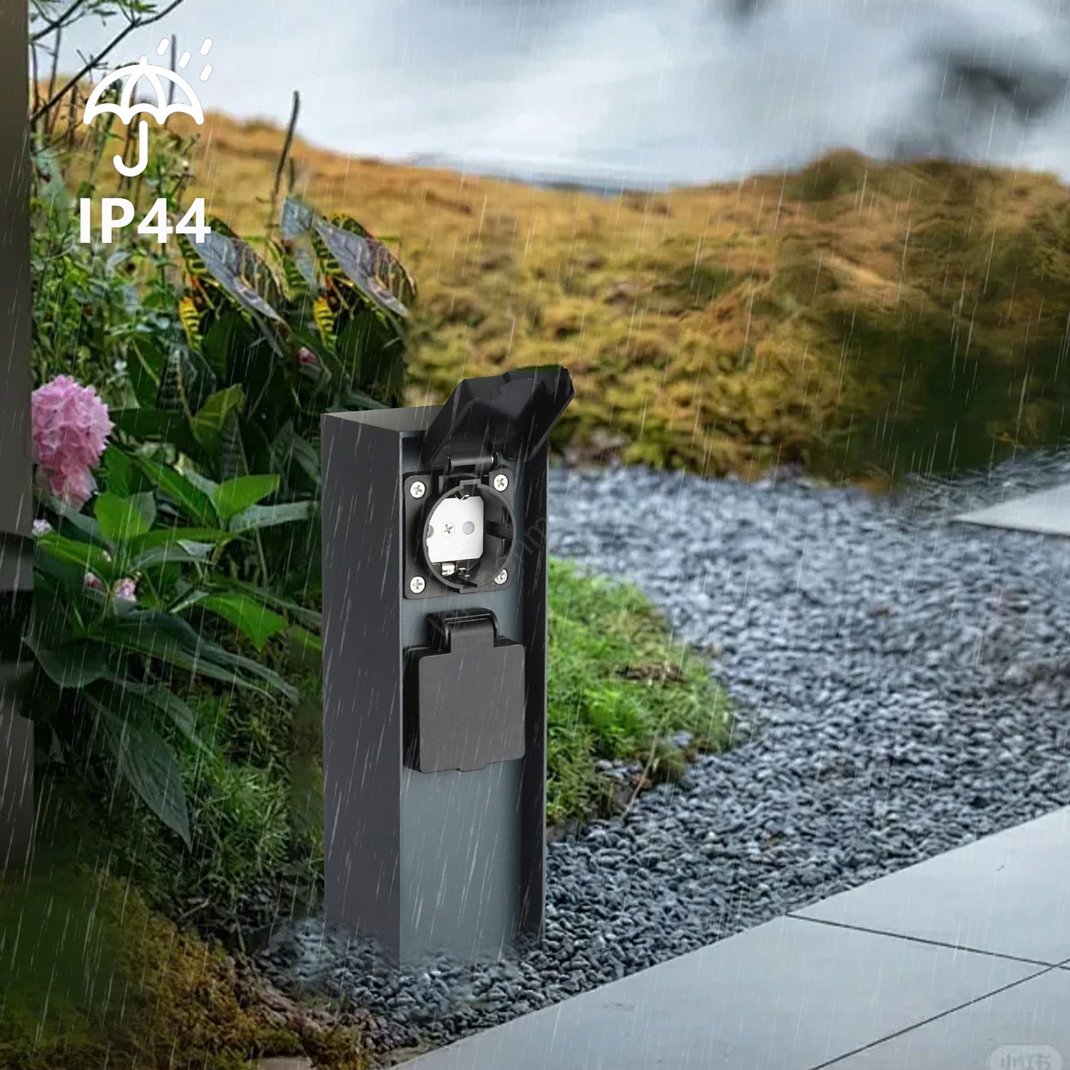Buitenstopcontact op zuil met lamp (zwart