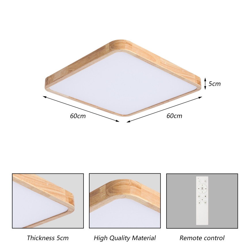 Brilagi - Dimbare LED-plafondlamp WOODLINE SQUARE LED/80W/230V 3000-6000K eiken 60x60 cm + afstandsbediening
