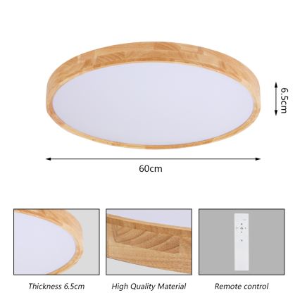 Brilagi - LED dimbare plafondlamp WOODROUND LED/40W/230V 3000-6000K Ø60 cm hout CRI 90 + afstandsbediening