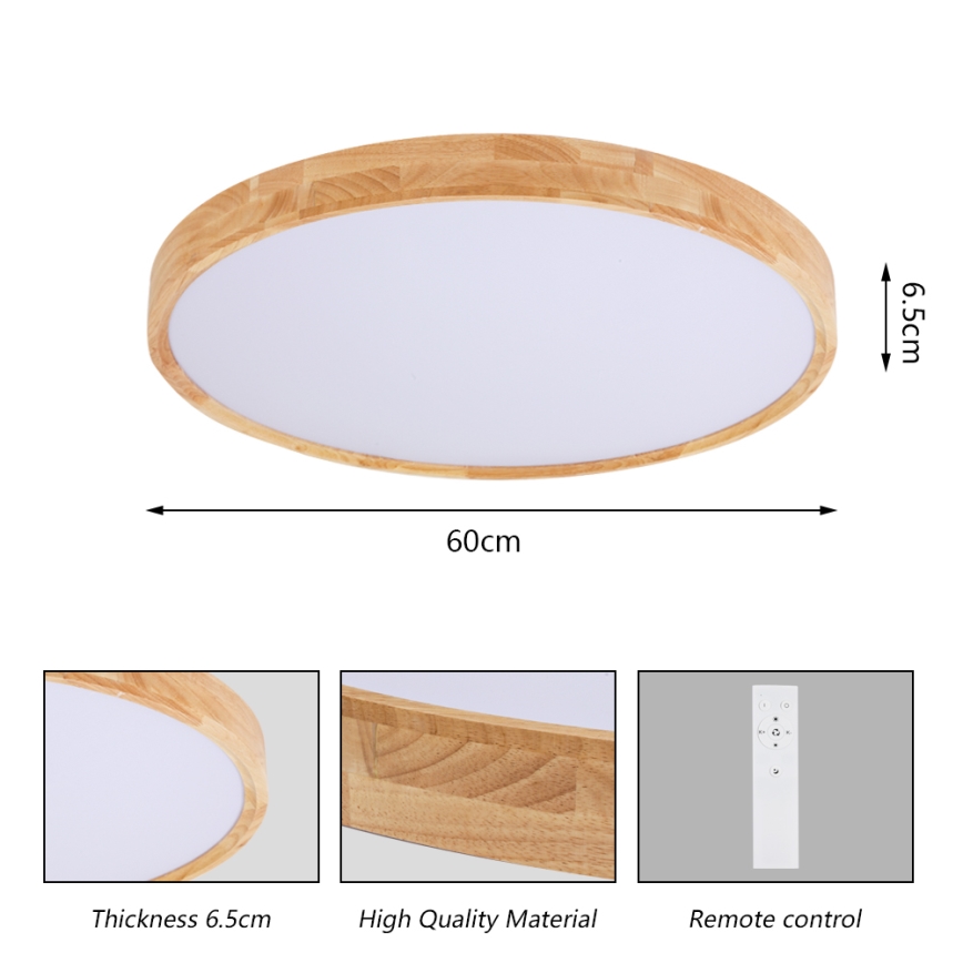 Brilagi - LED dimbare plafondlamp WOODROUND LED/40W/230V 3000-6000K Ø60 cm hout CRI 90 + afstandsbediening