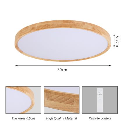 Brilagi - LED dimbare plafondlamp WOODROUND LED/70W/230V 3000-6000K Ø 80 cm hout CRI 90 + afstandsbediening