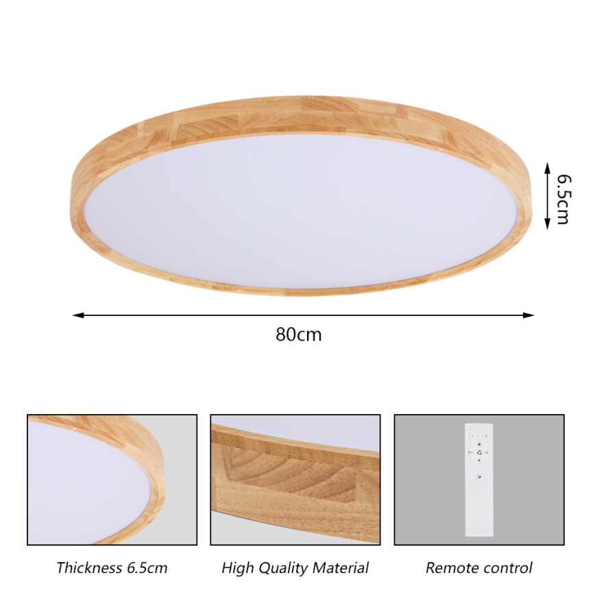 Brilagi - LED dimbare plafondlamp WOODROUND LED/70W/230V 3000-6000K Ø 80 cm hout CRI 90 + afstandsbediening