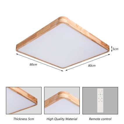 Brilagi - LED-dimbare plafondlamp WOODLINE SQUARE LED/100W/230V 3000-6000K eiken 80x80 cm + afstandsbediening