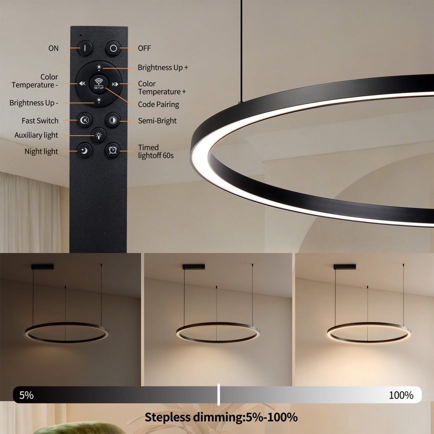 Brilagi - Dimbare LED-kabelhanglamp PORTOFINO LED/60W/230V 3000-6000K Ø 80 cm zwart + afstandsbediening
