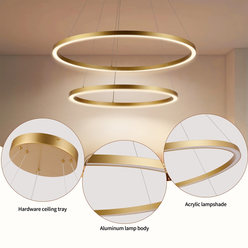 Brilagi - dimbare LED-hanglamp aan kabel PORTOFINO LED/98W/230V 3000-6000K Ø 80 cm goudkleurig + afstandsbediening