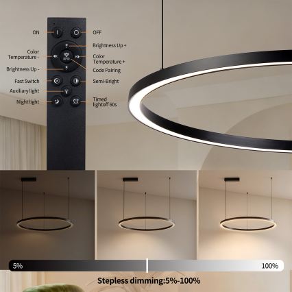 Brilagi - Dimbare LED-hanglamp aan kabel PORTOFINO LED/60W/230V 3000-6000K Ø 80 cm zwart + inclusief afstandsbediening