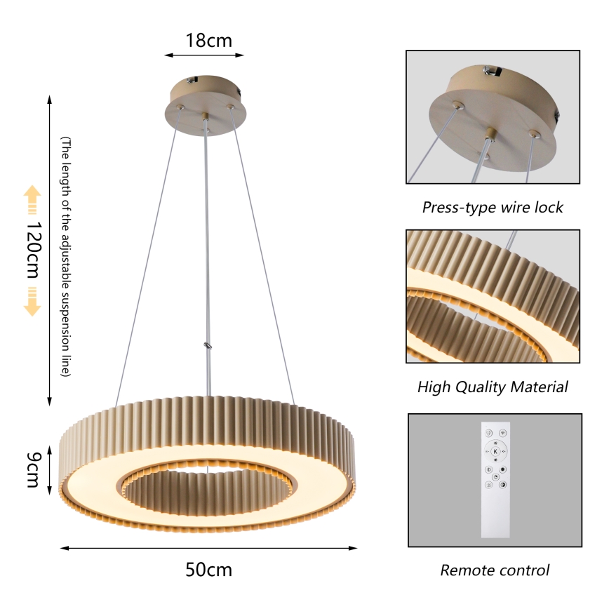 Brilagi - Dimbare LED-hanglamp LUMIX LED/48W/230V 3000–6000K beige Ø 50 cm + afstandsbediening