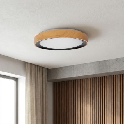 Brilagi - Dimbare LED-plafondlamp FLOCO LED/48W/230V 3000–6500K Ø 40 cm houtdecor/zwart + afstandsbediening
