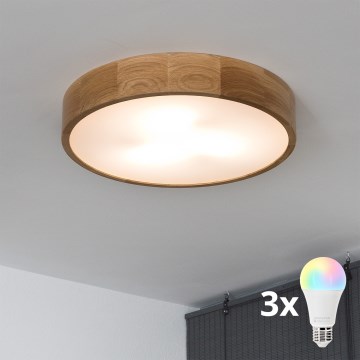 Brilagi - dimbare LED RGBW plafondlamp CARVALHO 3xE27/9W/230V 2700–6500K Wi-Fi, eiken Ø 47,5 cm