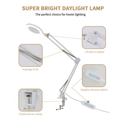 Brilagi - Dimbare LED tafellamp met een vergrootglas ​ LENS LED/12W/5V 3000/4200/6000K wit