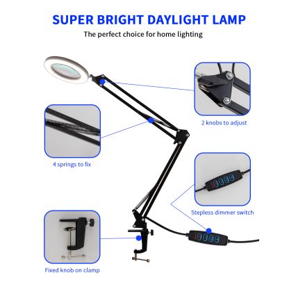 Brilagi - Dimbare LED tafellamp met een vergrootglas ​ LENS LED/12W/5V 3000/4200/6000K zwart