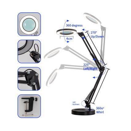 Brilagi - Dimbare LED tafellamp met een vergrootglas ​ LENS LED/12W/5V 3000/4200/6000K zwart