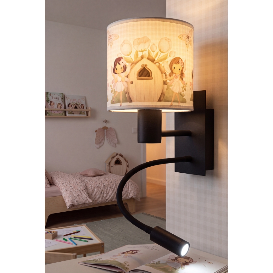 Brilagi - LED flexibele kinderwandlamp BOBO 1xE27/25W/230V + LED/3W zwart/wit/roze/met feeënmotief