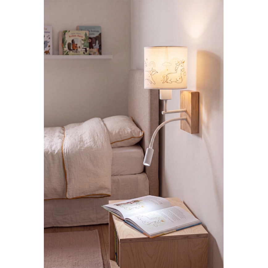 Brilagi - BOBO WOOD flexibele LED-wandlamp voor kinderen, 1x E27/25W/230V + ingebouwde LED 3W, eik/wit/eenhoorns