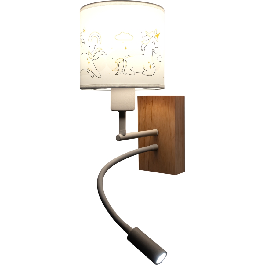 Brilagi - BOBO WOOD flexibele LED-wandlamp voor kinderen, 1x E27/25W/230V + ingebouwde LED 3W, eik/wit/eenhoorns