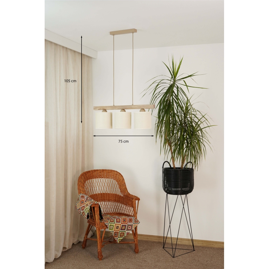 Brilagi - Hanglamp aan een koord FOREST 3xE27/15W/230V grenen/bruin/crème