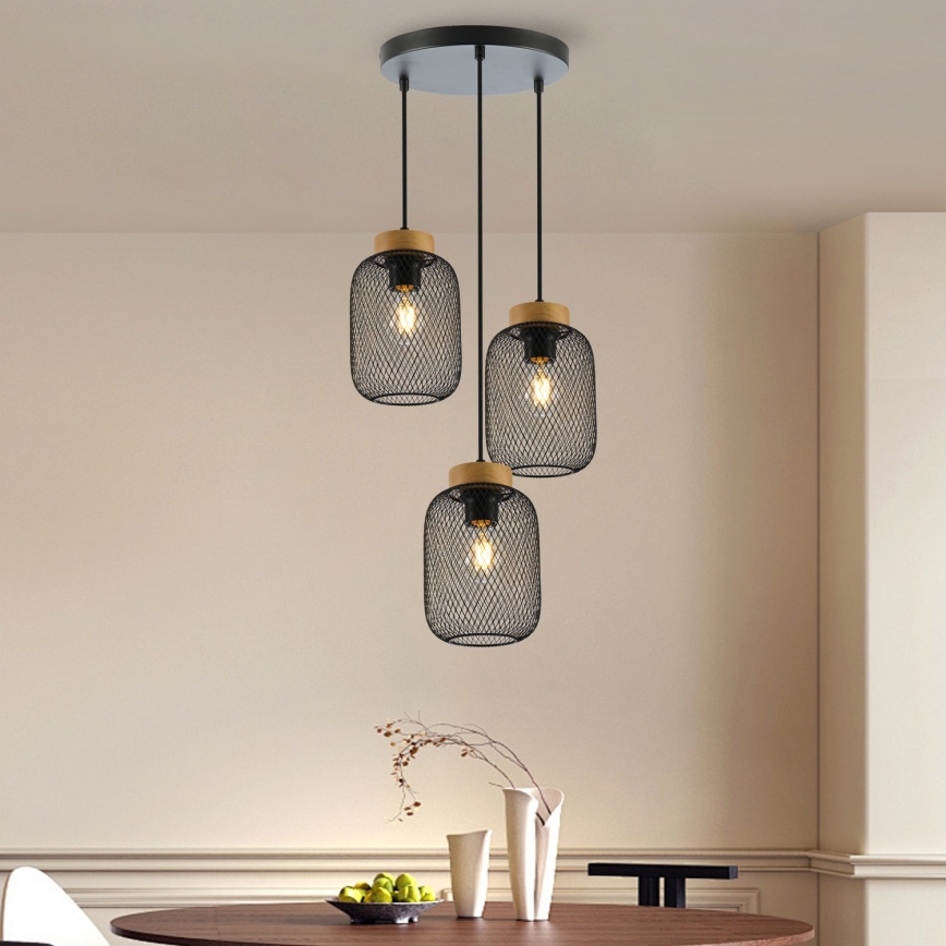 Brilagi - Hanglamp aan kabel BASKLITE 3xE27/15W/230V rubberhout/zwart