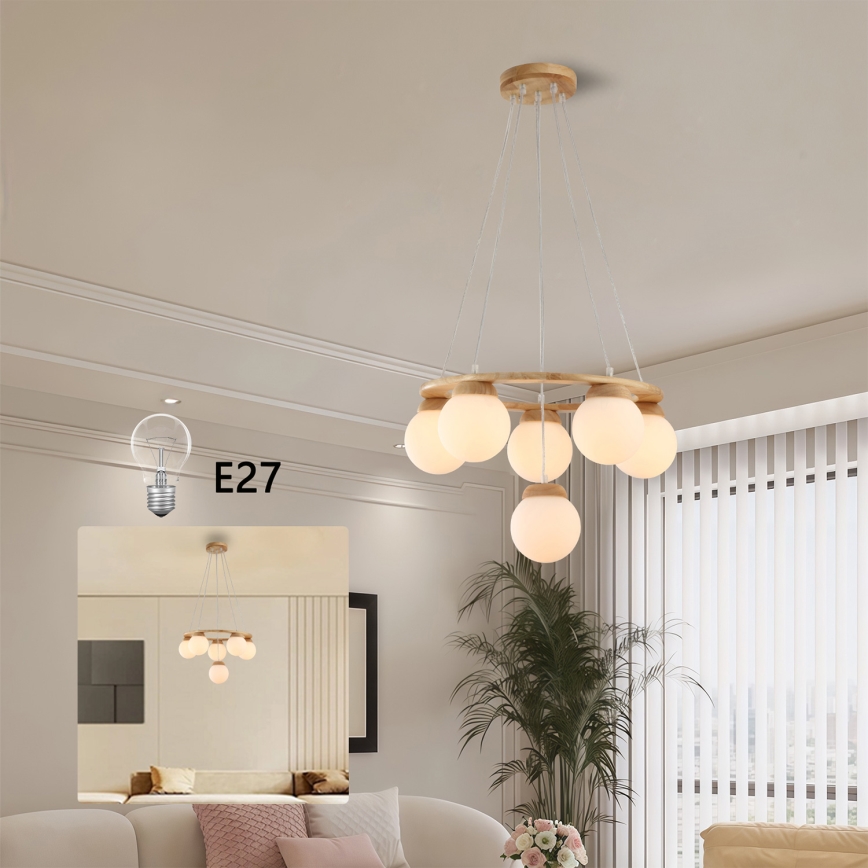 Brilagi - Hanglamp aan kabel VISBY WOOD, 6x E27 / 60W / 230V, Ø 58 cm, hout