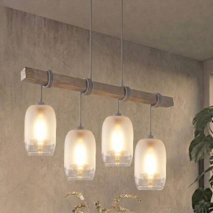 BRILAGI - Hanglamp aan kabel WOOD GLASS 4xE27/60W/230V dennenhout/grijs/wit
