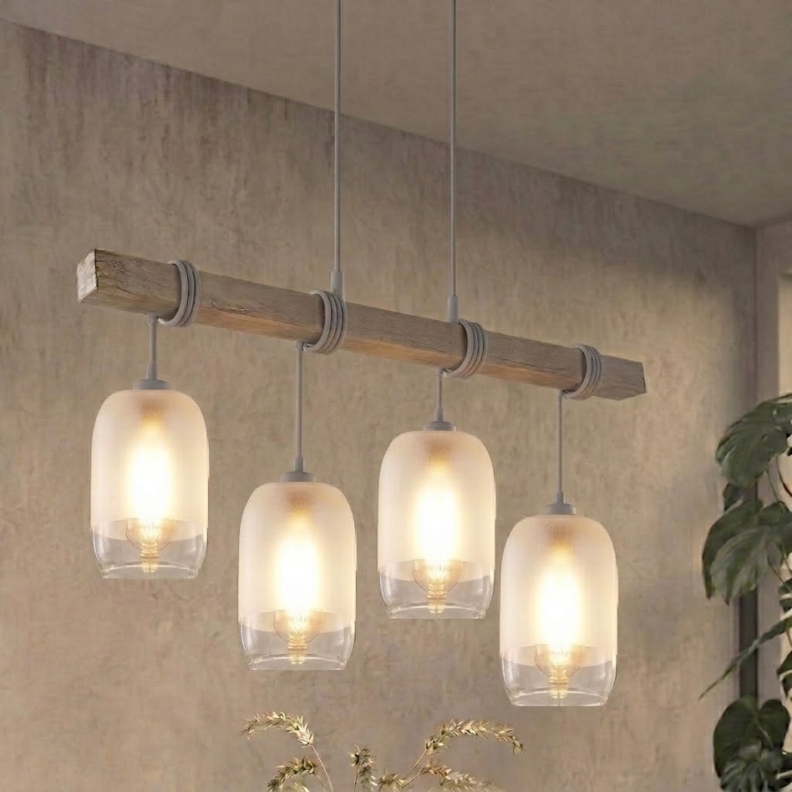 BRILAGI - Hanglamp aan kabel WOOD GLASS 4xE27/60W/230V dennenhout/grijs/wit