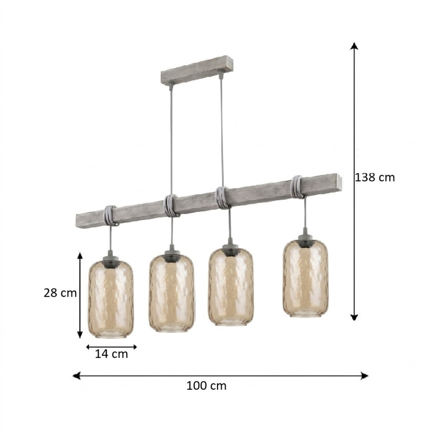 BRILAGI - Hanglamp met snoer WOOD GLASS 4xE27/60W/230V grenen/grijs/rookbruin