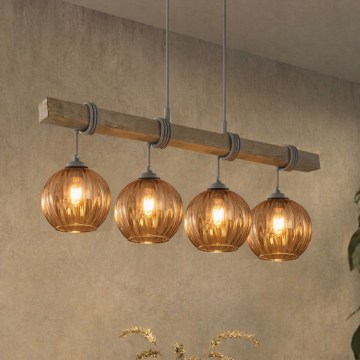 BRILAGI - Hanglamp aan kabel WOOD GLASS 4xE27/60W/230V grenen/grijs/rookbruin