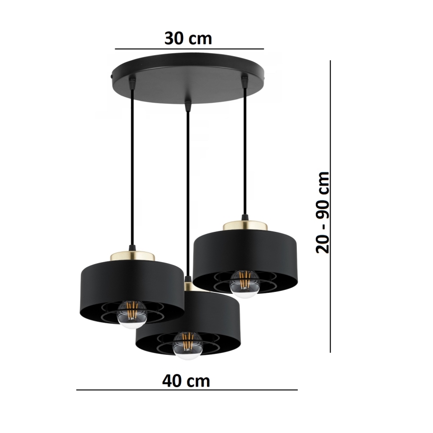 Brilagi - Hanglamp aan snoer 3xE27/60W/230V zwart/goud