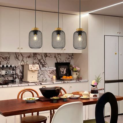 Brilagi - Hanglamp aan snoer BASKLITE 3xE27/15W/230V rubberhout/zwart